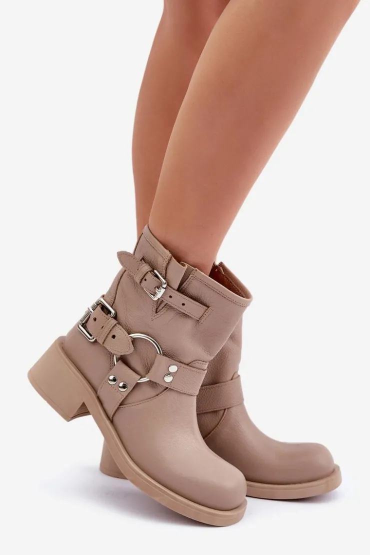Damskie Zazoo Skórzane Botki Damskie Na Niskim Obcasie Klocku Z Paskami 3644 Beżowe