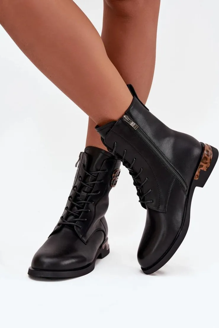 Damskie Artiker Skórzane Botki Damskie Na Płaskim Obcasie Z Ozdobą Ocieplane 57C1064 Czarne