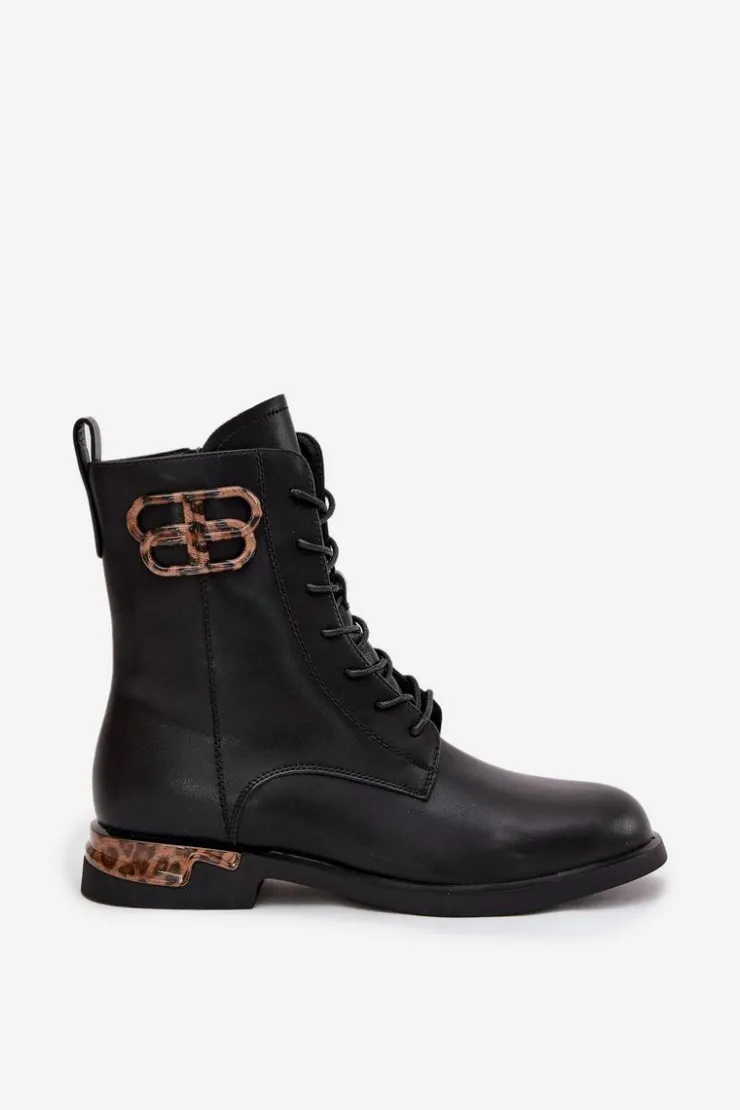 Damskie Artiker Skórzane Botki Damskie Na Płaskim Obcasie Z Ozdobą Ocieplane 57C1064 Czarne