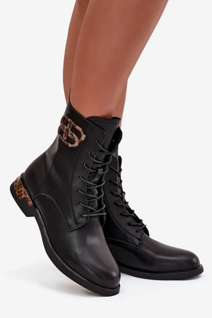 Damskie Artiker Skórzane Botki Damskie Na Płaskim Obcasie Z Ozdobą Ocieplane 57C1064 Czarne