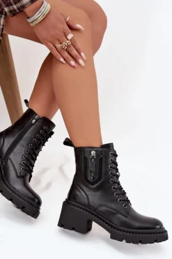 Buty damskie Vinceza Botki Ocieplane|Botki Sznurowane*Skórzane Botki Damskie Na Klocku Ocieplane Vinceza 86418 Czarne Czarny