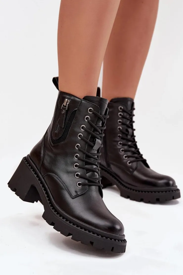Buty damskie Vinceza Botki Ocieplane|Botki Sznurowane*Skórzane Botki Damskie Na Klocku Ocieplane Vinceza 86418 Czarne Czarny