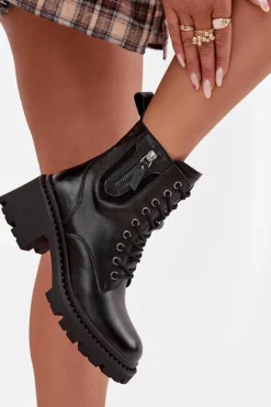 Buty damskie Vinceza Botki Ocieplane|Botki Sznurowane*Skórzane Botki Damskie Na Klocku Ocieplane Vinceza 86418 Czarne Czarny