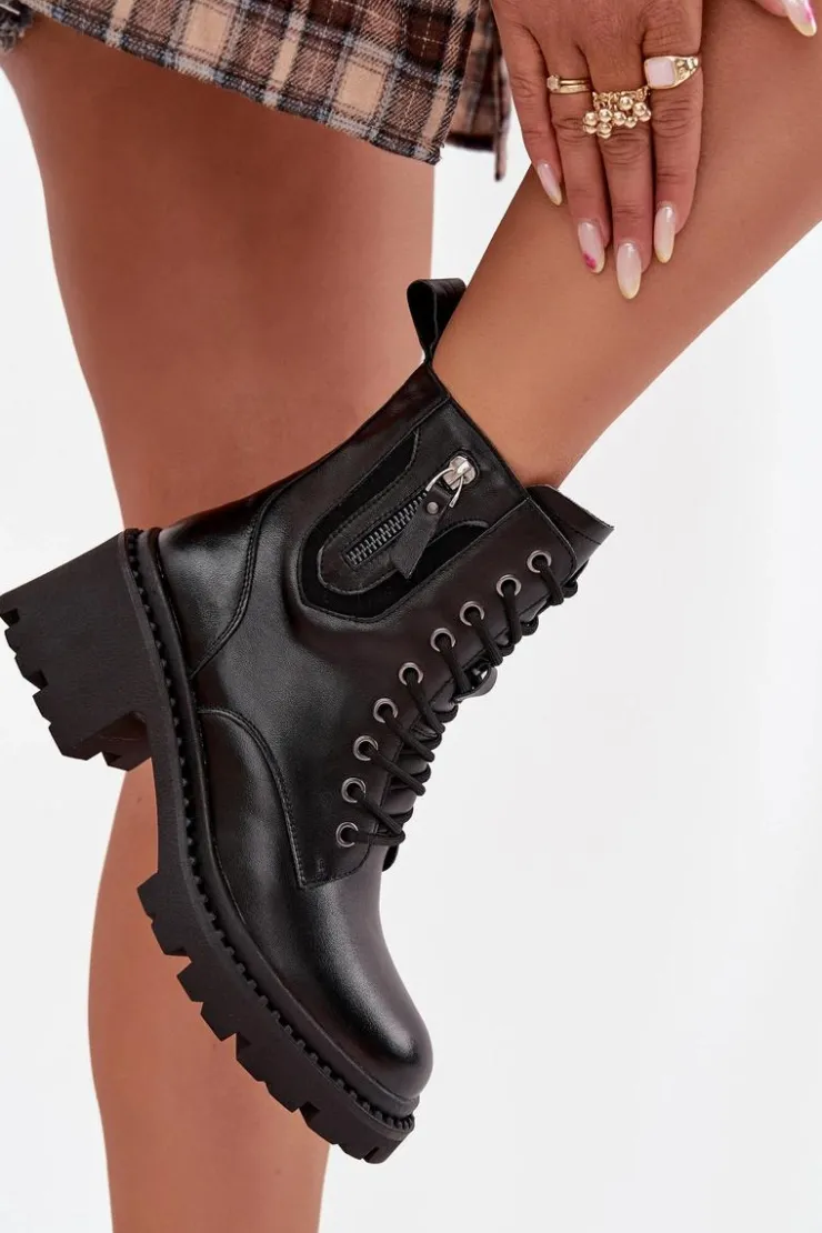 Buty damskie Vinceza Botki Ocieplane|Botki Sznurowane*Skórzane Botki Damskie Na Klocku Ocieplane Vinceza 86418 Czarne Czarny