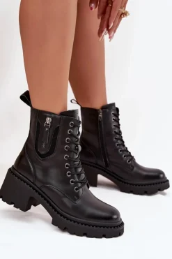 Buty damskie Vinceza Botki Ocieplane|Botki Sznurowane*Skórzane Botki Damskie Na Klocku Ocieplane Vinceza 86418 Czarne Czarny