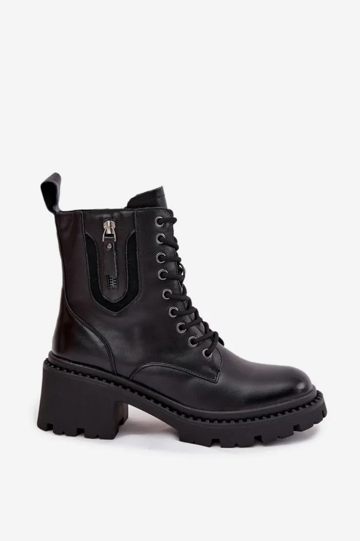 Buty damskie Vinceza Botki Ocieplane|Botki Sznurowane*Skórzane Botki Damskie Na Klocku Ocieplane Vinceza 86418 Czarne Czarny