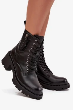 Buty damskie Vinceza Botki Ocieplane|Botki Sznurowane*Skórzane Botki Damskie Na Klocku Ocieplane Vinceza 86418 Czarne Czarny