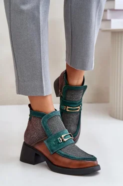 Maciejka Botki Ocieplane|Botki Maciejka*Skórzane Botki Damskie Na Masywnym Obcasie Z Ozdobą A6747-29 Brązowo-Zielone Zielony