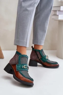 Maciejka Botki Ocieplane|Botki Maciejka*Skórzane Botki Damskie Na Masywnym Obcasie Z Ozdobą A6747-29 Brązowo-Zielone Zielony