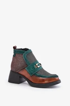 Maciejka Botki Ocieplane|Botki Maciejka*Skórzane Botki Damskie Na Masywnym Obcasie Z Ozdobą A6747-29 Brązowo-Zielone Zielony