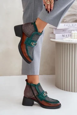 Maciejka Botki Ocieplane|Botki Maciejka*Skórzane Botki Damskie Na Masywnym Obcasie Z Ozdobą A6747-29 Brązowo-Zielone Zielony