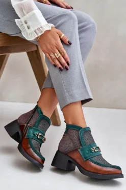 Maciejka Botki Ocieplane|Botki Maciejka*Skórzane Botki Damskie Na Masywnym Obcasie Z Ozdobą A6747-29 Brązowo-Zielone Zielony