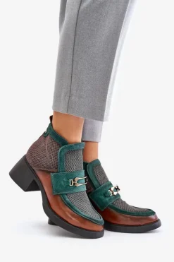 Maciejka Botki Ocieplane|Botki Maciejka*Skórzane Botki Damskie Na Masywnym Obcasie Z Ozdobą A6747-29 Brązowo-Zielone Zielony