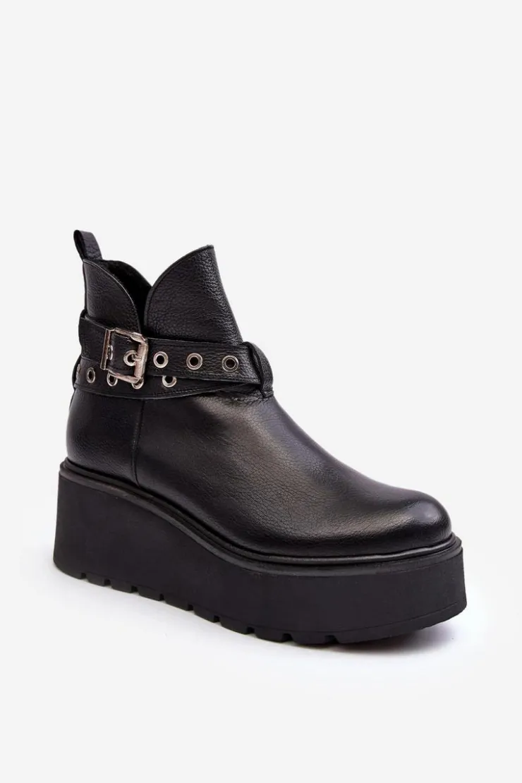 Damskie Zazoo Skórzane Botki Damskie Na Koturnie Platformie Z Paskami 1752 Czarne