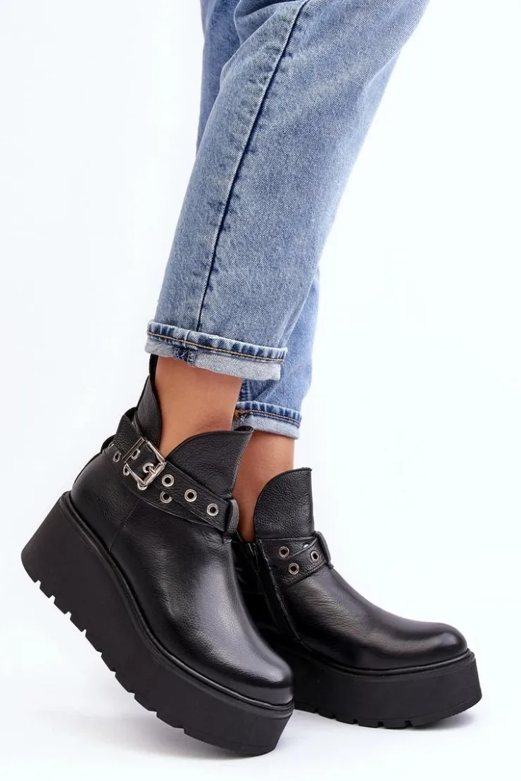Damskie Zazoo Skórzane Botki Damskie Na Koturnie Platformie Z Paskami 1752 Czarne