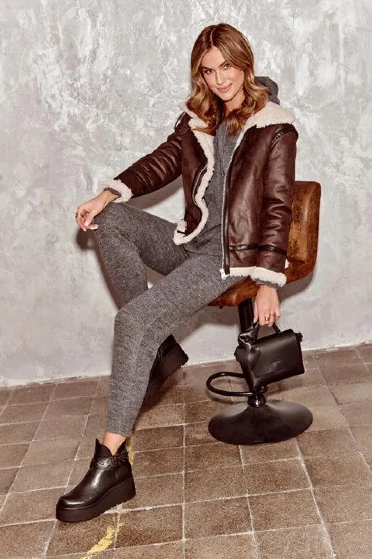 Damskie Zazoo Skórzane Botki Damskie Na Koturnie Platformie Z Paskami 1752 Czarne