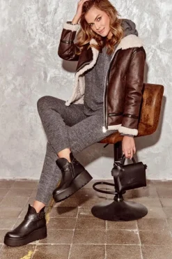 Damskie Zazoo Skórzane Botki Damskie Na Koturnie Platformie Z Paskami 1752 Czarne