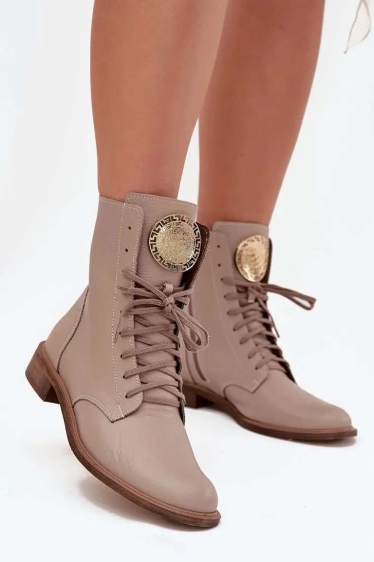 Zazoo Botki Sznurowane|Botki Płaskie*Skórzane Botki Damskie Na Płaskim Obcasie Ze Złotym Detalem 3084 Beżowe Beżowy
