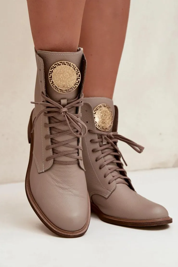 Zazoo Botki Sznurowane|Botki Płaskie*Skórzane Botki Damskie Na Płaskim Obcasie Ze Złotym Detalem 3084 Beżowe Beżowy