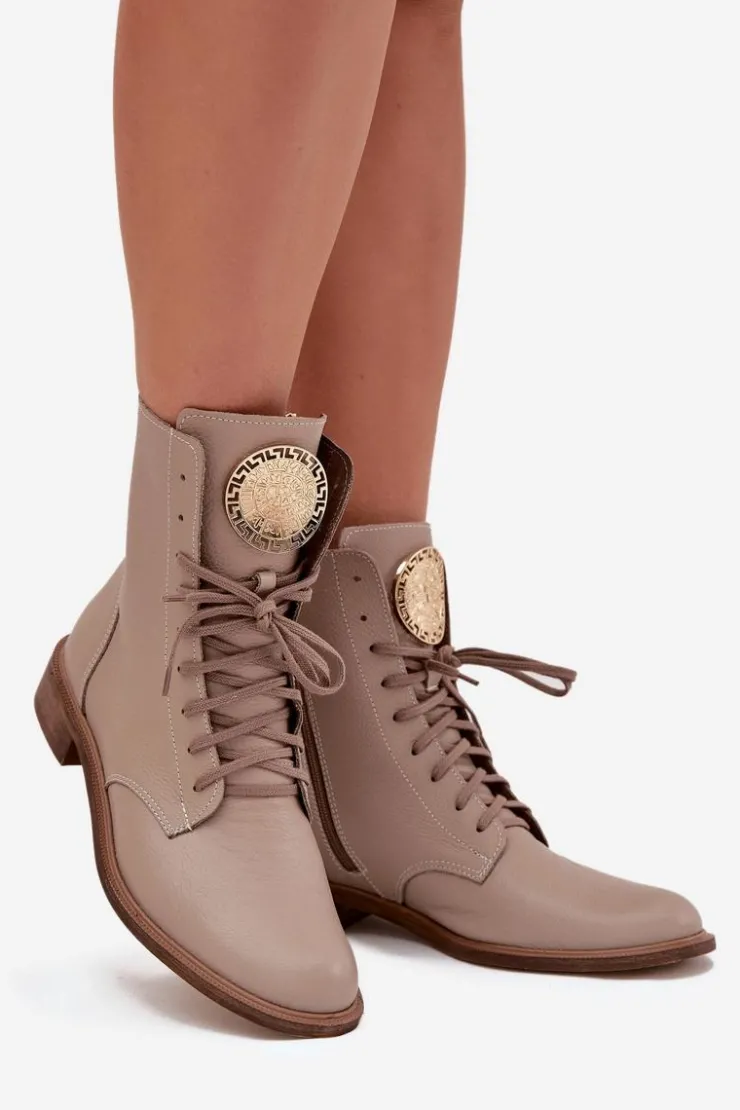 Zazoo Botki Sznurowane|Botki Płaskie*Skórzane Botki Damskie Na Płaskim Obcasie Ze Złotym Detalem 3084 Beżowe Beżowy