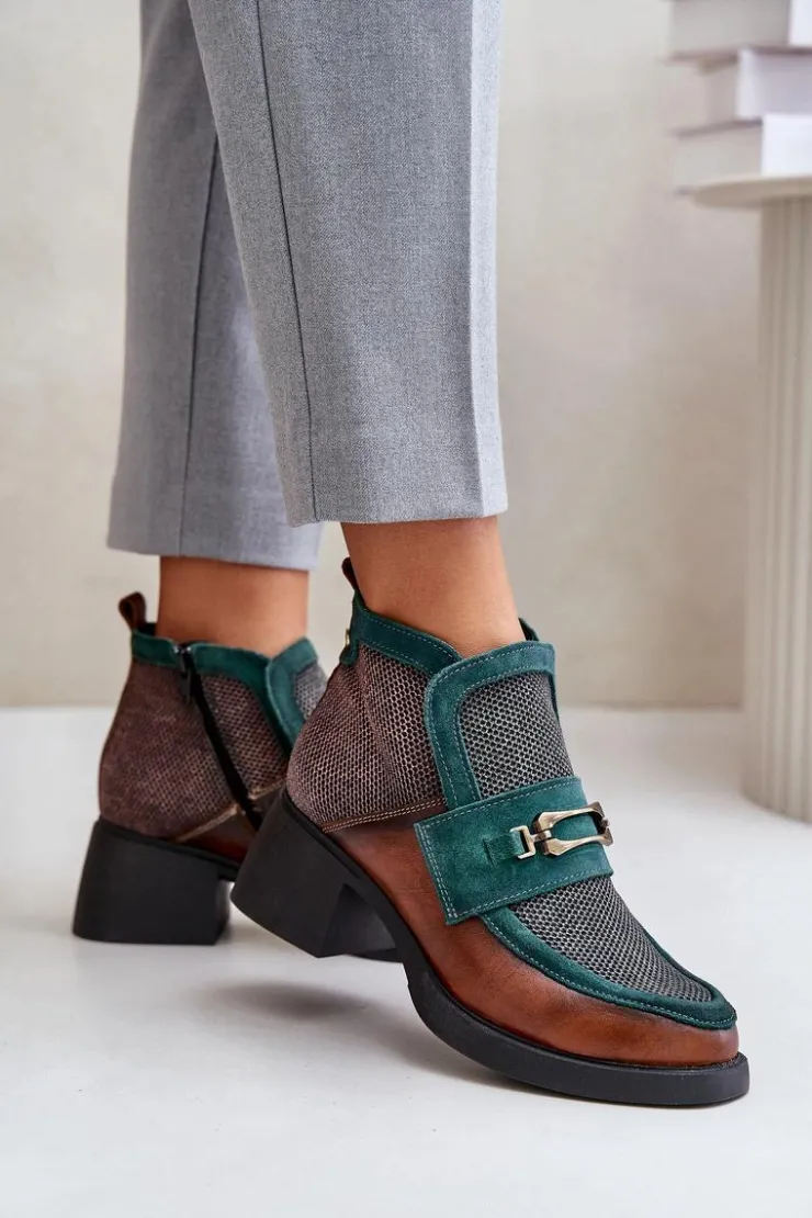 Maciejka Botki Maciejka|Botki Skórzane*Skórzane Botki Damskie Na Masywnym Obcasie Z Ozdobą 06747-29 Brązowo-Zielone
