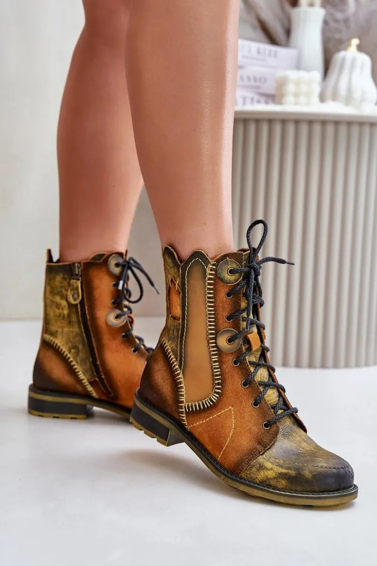 Damskie Maciejka Skórzane Botki Damskie Na Płaskim Obcasie 06719-07 Żółte