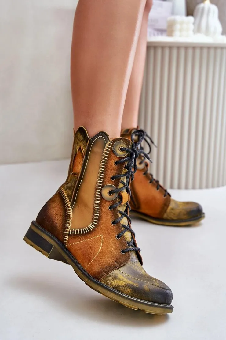 Damskie Maciejka Skórzane Botki Damskie Na Płaskim Obcasie 06719-07 Żółte