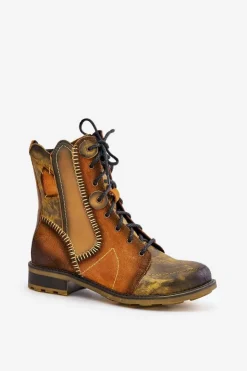 Damskie Maciejka Skórzane Botki Damskie Na Płaskim Obcasie 06719-07 Żółte