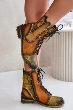 Damskie Maciejka Skórzane Botki Damskie Na Płaskim Obcasie 06719-07 Żółte