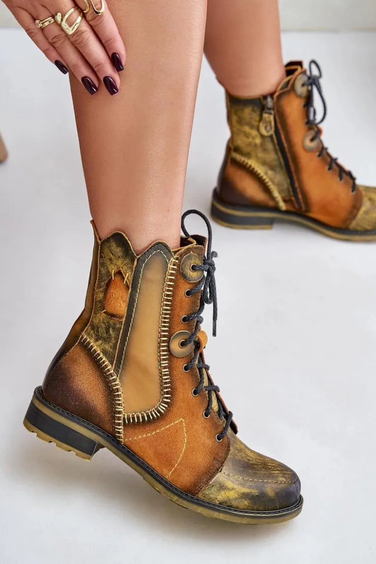 Damskie Maciejka Skórzane Botki Damskie Na Płaskim Obcasie 06719-07 Żółte