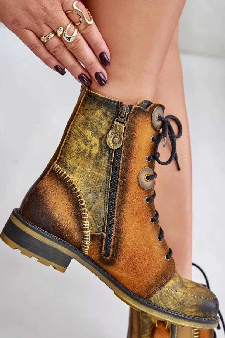 Damskie Maciejka Skórzane Botki Damskie Na Płaskim Obcasie 06719-07 Żółte