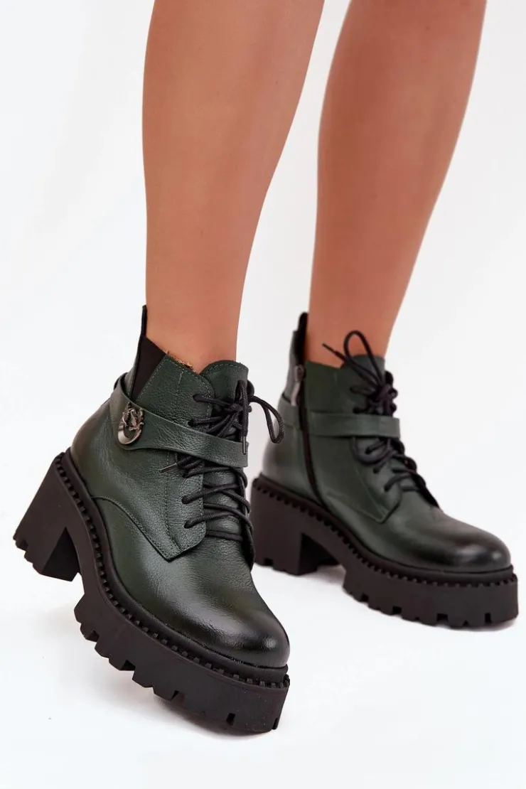 Damskie Zazoo Skórzane Botki Damskie Na Klocku Z Ozdobnym Paskiem Ocieplane 60557 Ciemnozielone