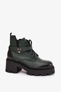 Damskie Zazoo Skórzane Botki Damskie Na Klocku Z Ozdobnym Paskiem Ocieplane 60557 Ciemnozielone