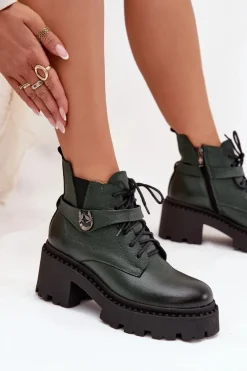 Damskie Zazoo Skórzane Botki Damskie Na Klocku Z Ozdobnym Paskiem Ocieplane 60557 Ciemnozielone