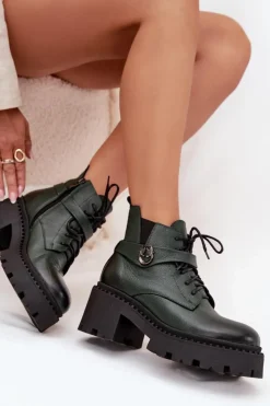 Damskie Zazoo Skórzane Botki Damskie Na Klocku Z Ozdobnym Paskiem Ocieplane 60557 Ciemnozielone