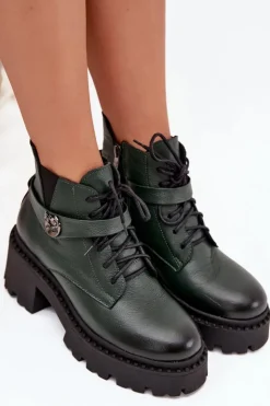 Damskie Zazoo Skórzane Botki Damskie Na Klocku Z Ozdobnym Paskiem Ocieplane 60557 Ciemnozielone