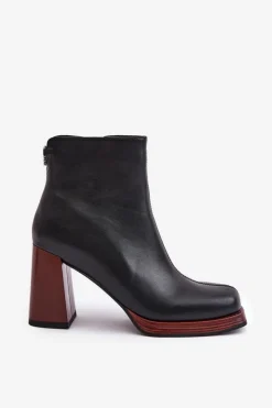 Damskie Damskie buty S.Barski Skórzane Botki Damskie Na Słupku Ocieplane D&A JC42-37 Czarne