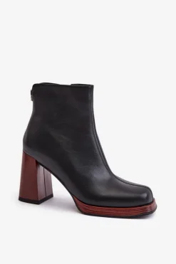 Damskie Damskie buty S.Barski Skórzane Botki Damskie Na Słupku Ocieplane D&A JC42-37 Czarne