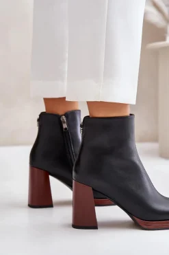 Damskie Damskie buty S.Barski Skórzane Botki Damskie Na Słupku Ocieplane D&A JC42-37 Czarne