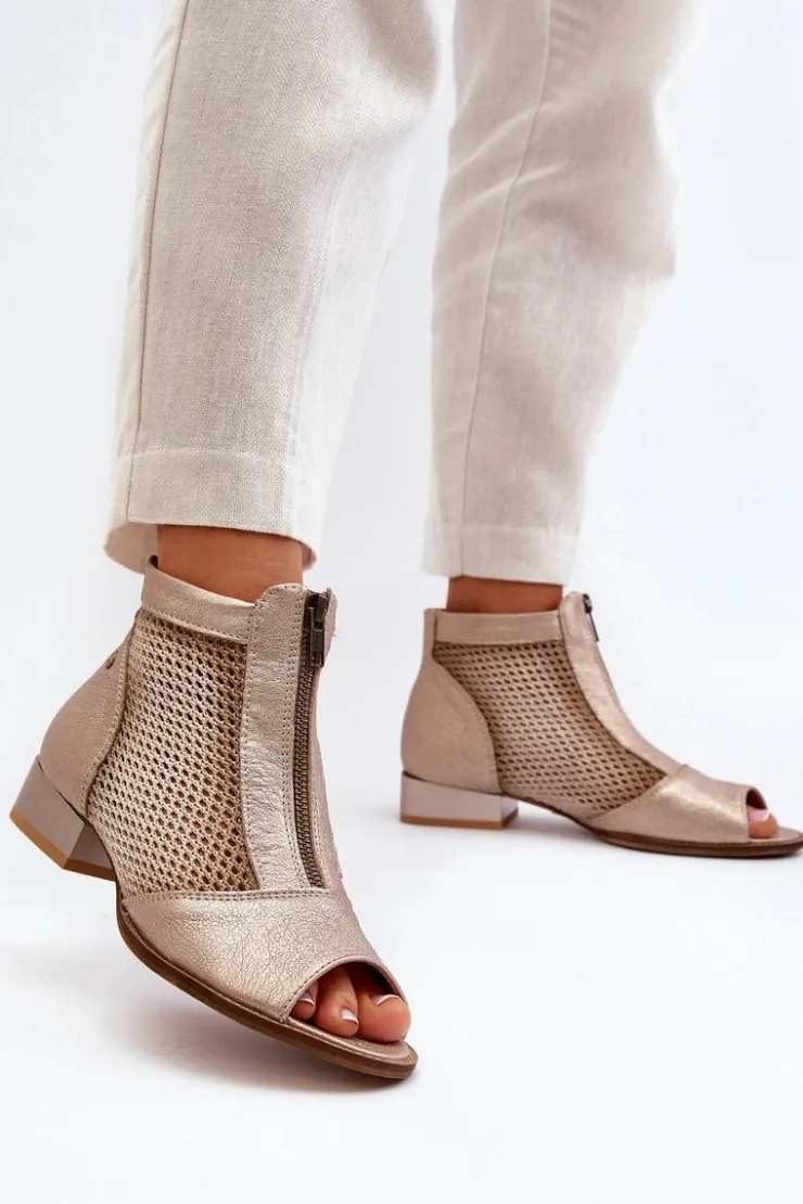 Maciejka Botki Wiosenne|Botki Maciejka*Skórzane Botki Damskie Na Płaskim Obcasie Z Odkrytymi Palcami 06413-25 Złote Beżowy