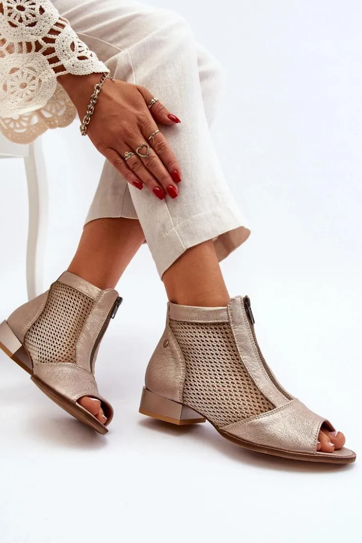 Maciejka Botki Wiosenne|Botki Maciejka*Skórzane Botki Damskie Na Płaskim Obcasie Z Odkrytymi Palcami 06413-25 Złote Beżowy