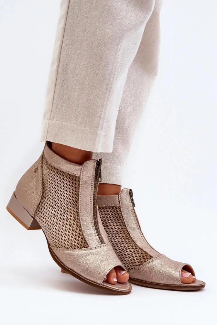 Maciejka Botki Wiosenne|Botki Maciejka*Skórzane Botki Damskie Na Płaskim Obcasie Z Odkrytymi Palcami 06413-25 Złote Beżowy