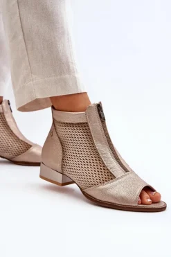 Maciejka Botki Wiosenne|Botki Maciejka*Skórzane Botki Damskie Na Płaskim Obcasie Z Odkrytymi Palcami 06413-25 Złote Beżowy