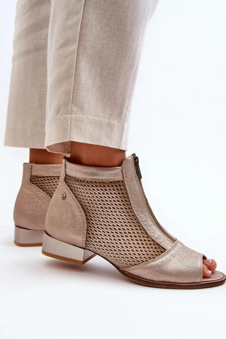 Maciejka Botki Wiosenne|Botki Maciejka*Skórzane Botki Damskie Na Płaskim Obcasie Z Odkrytymi Palcami 06413-25 Złote Beżowy