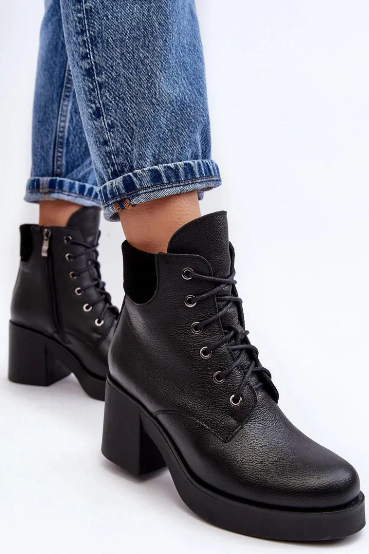 Sale Boto Skórzane Botki Damskie Na Słupku Czarne Lemar Leocera