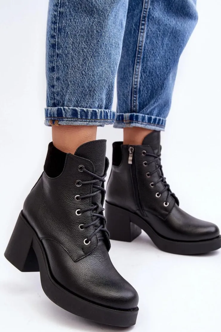 Sale Boto Skórzane Botki Damskie Na Słupku Czarne Lemar Leocera