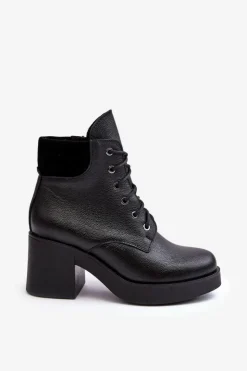 Sale Boto Skórzane Botki Damskie Na Słupku Czarne Lemar Leocera