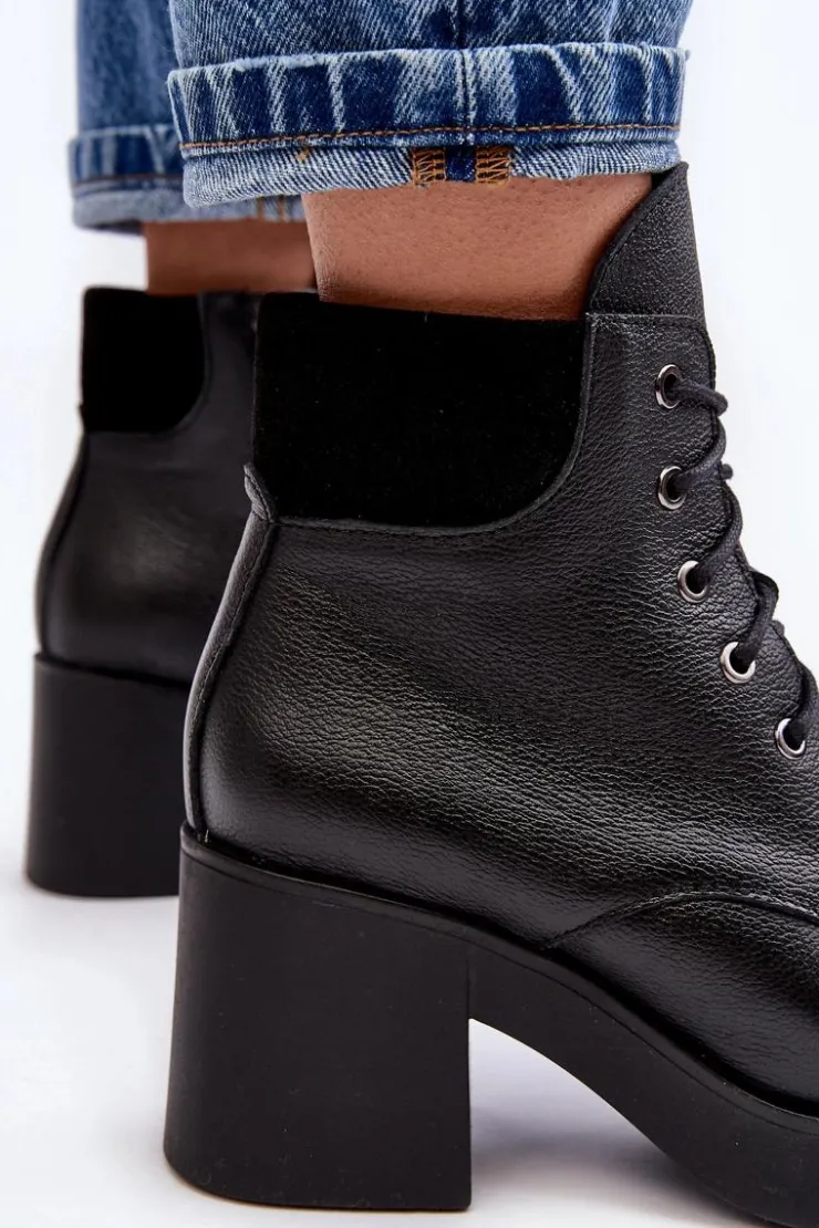 Sale Boto Skórzane Botki Damskie Na Słupku Czarne Lemar Leocera