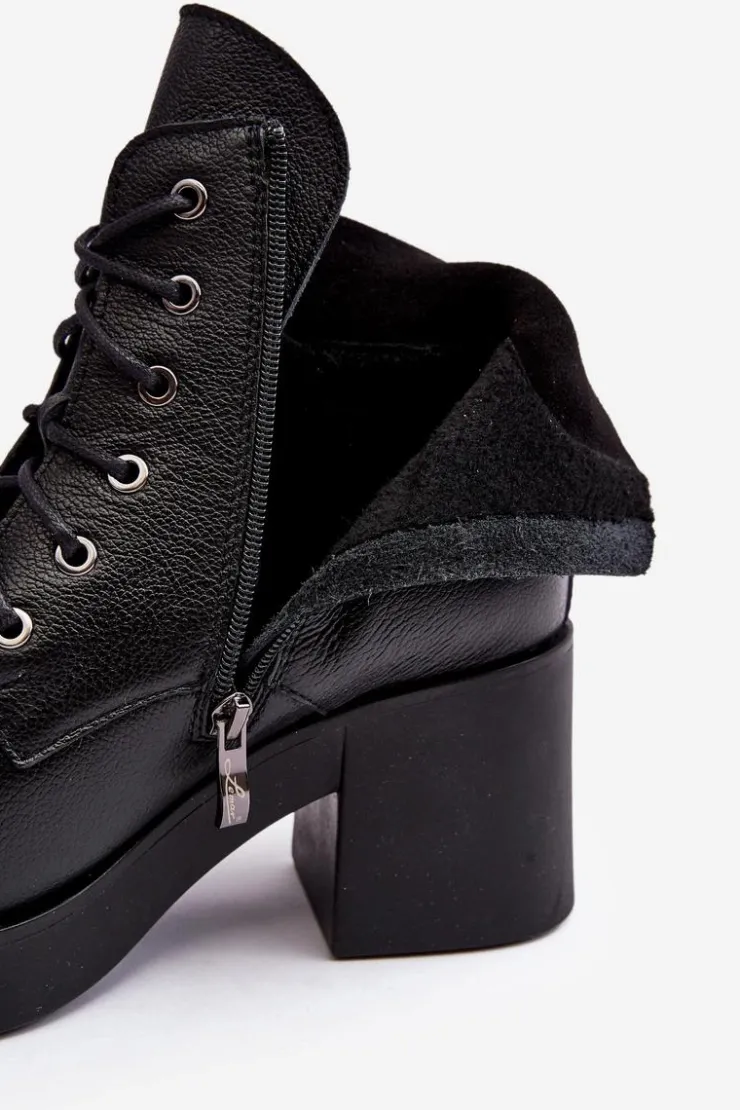 Sale Boto Skórzane Botki Damskie Na Słupku Czarne Lemar Leocera