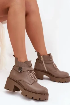 Zazoo Botki Ocieplane|Brązowe I Beżowe Botki*Skórzane Botki Damskie Na Klocku Z Ozdobnym Paskiem Ocieplane 60557 Ciemnobeżowe Beżowy